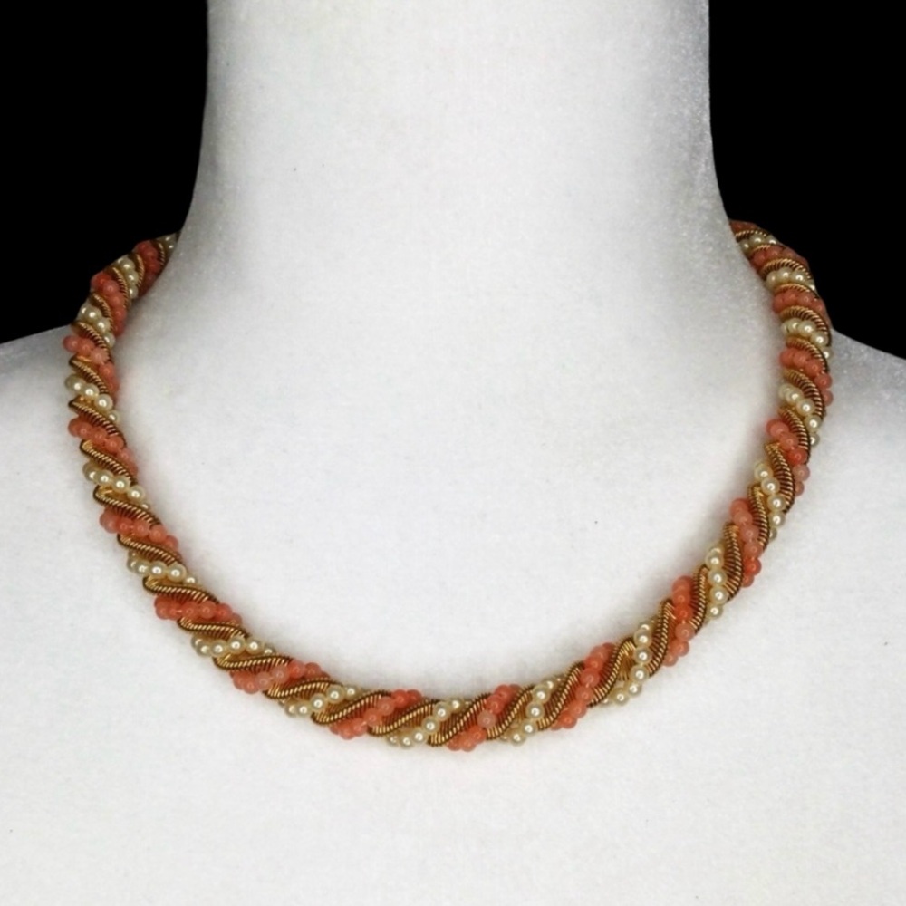 Vtg 80s Twisted Bead Rope Necklace & Earrings Set Gold-Tone, Faux Coral & Pearls - Picture 7 of 16